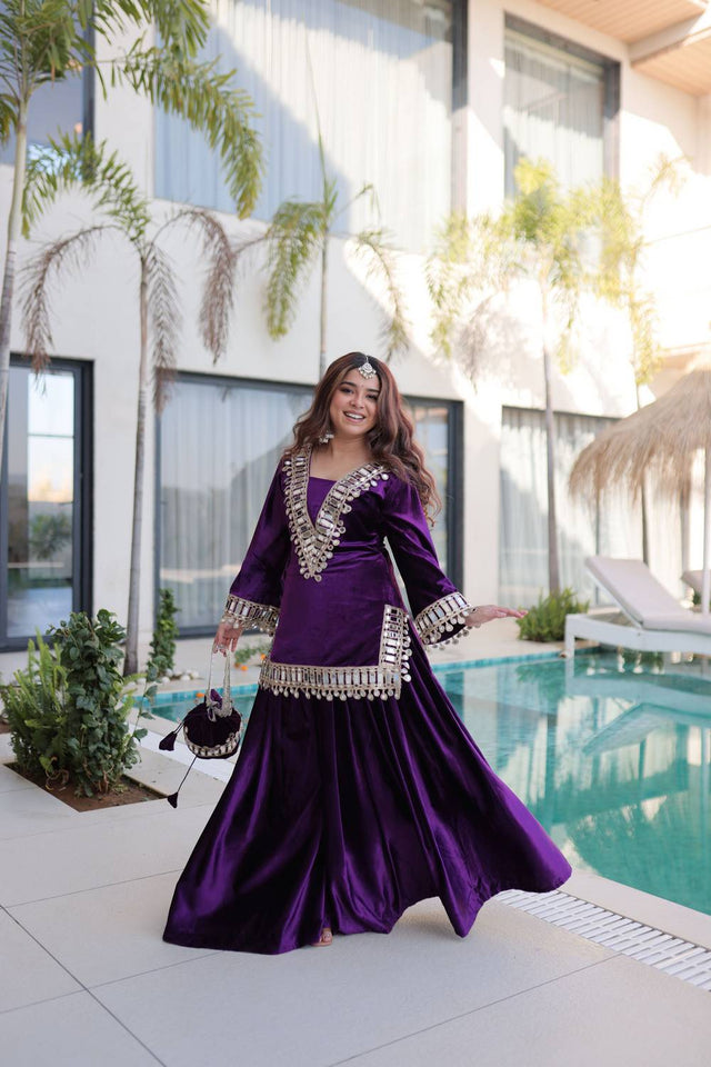 Violet Mirror Sequin Velvet Sharara Suits