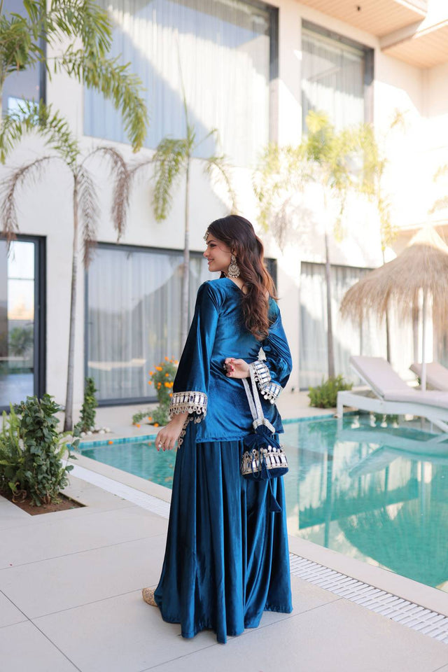 Turquoise Mirror Sequin Velvet Sharara Suits