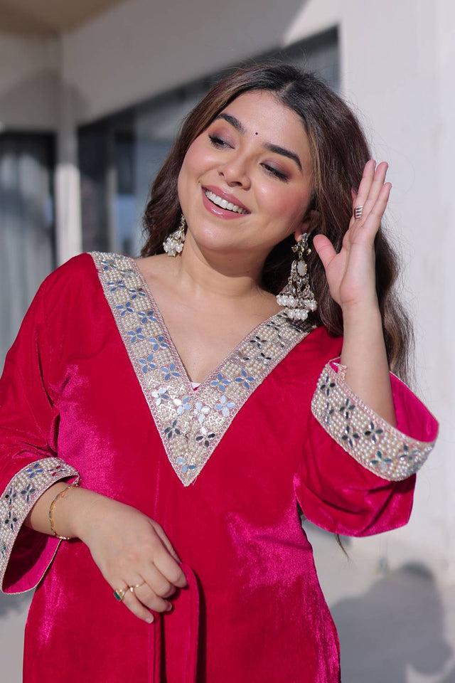 Pink Mirror Sequin Velvet Palazzo Suits