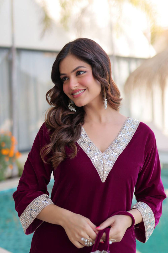 Wine Mirror Sequin Velvet Palazzo Suits