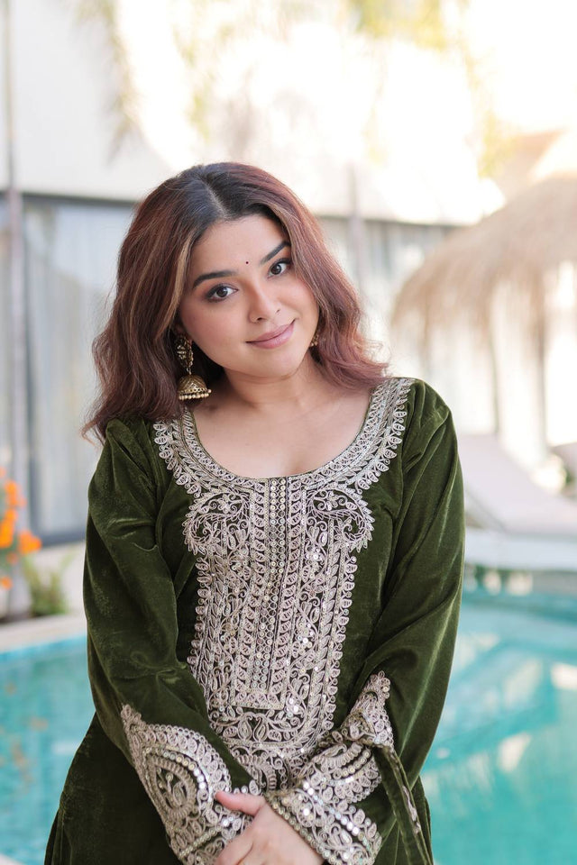 Mehendi Sequin with Embroidered Velvet Palazzo Suits