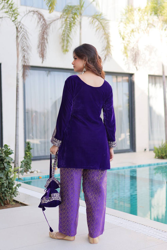Violet Sequin with Embroidered Velvet Palazzo Suits