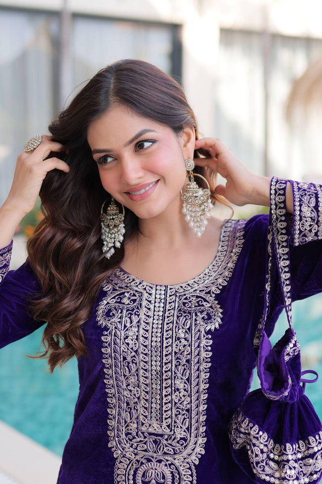 Violet Sequin with Embroidered Velvet Palazzo Suits