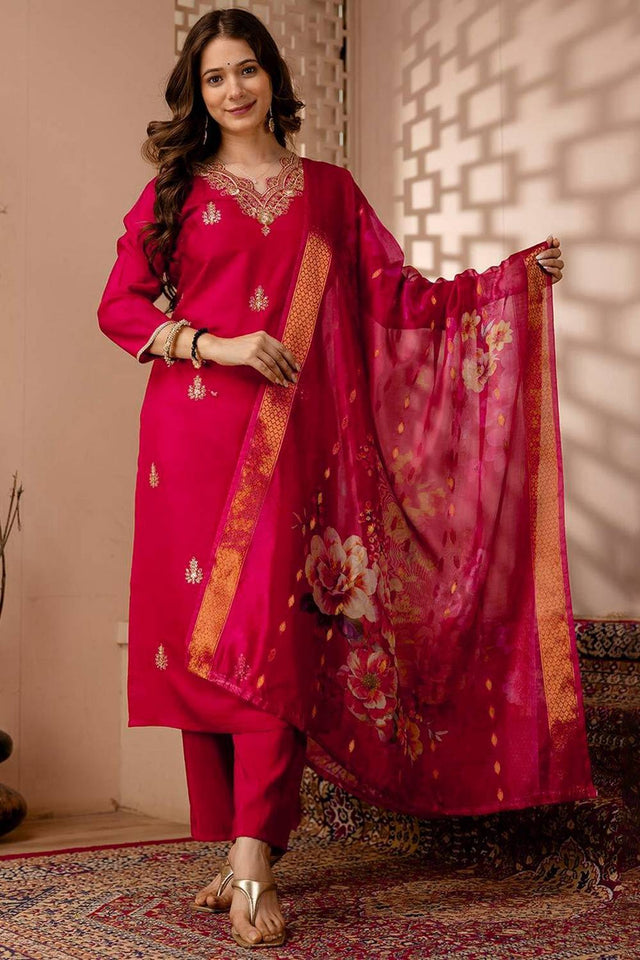 Red Floral Embroidered Silk Blend Straight Cut Suits