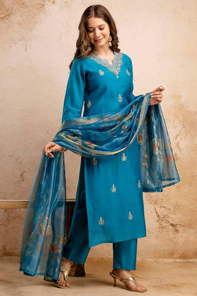 Blue Floral Embroidered Silk Blend Straight Cut Suits