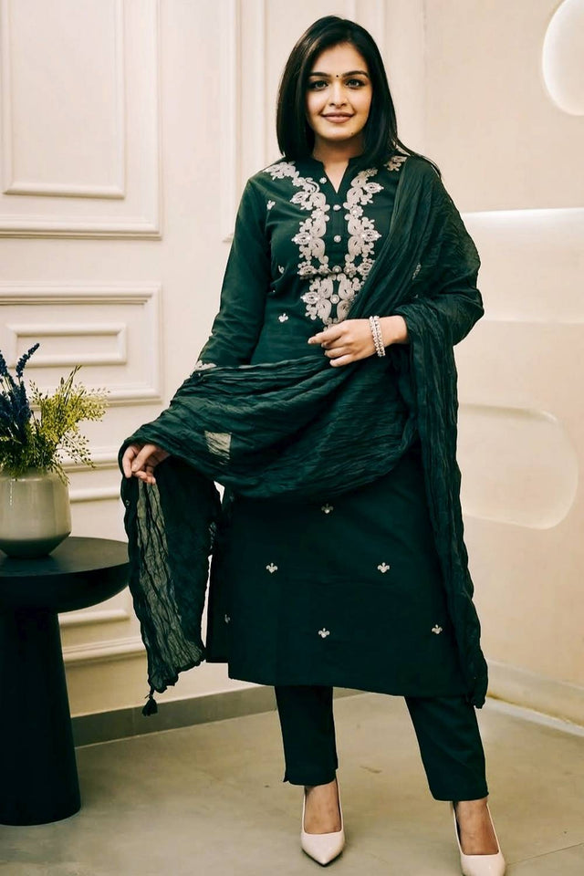 Green Floral Embroidered Cotton Straight Cut Suits