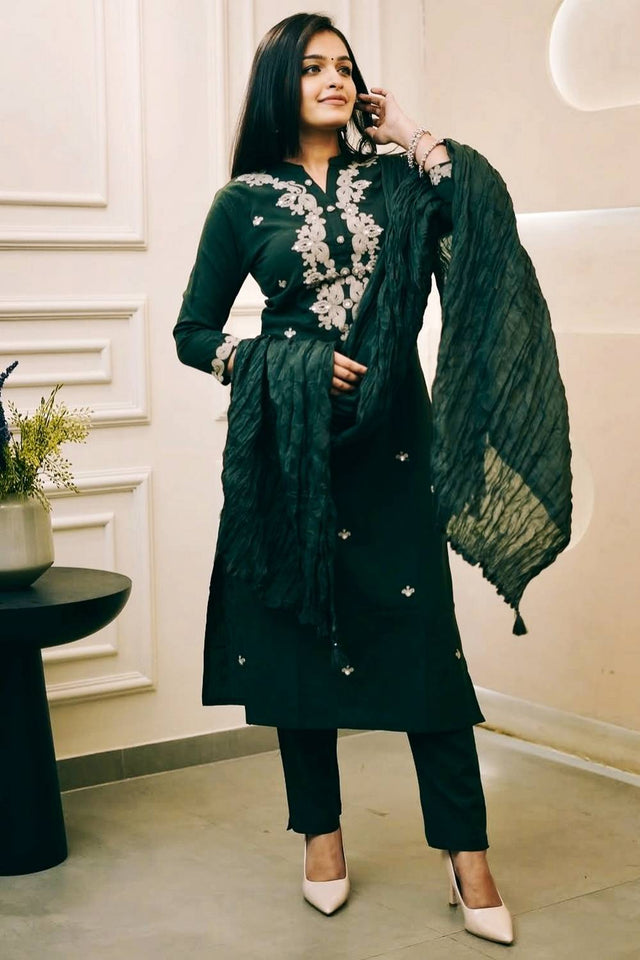 Green Floral Embroidered Cotton Straight Cut Suits