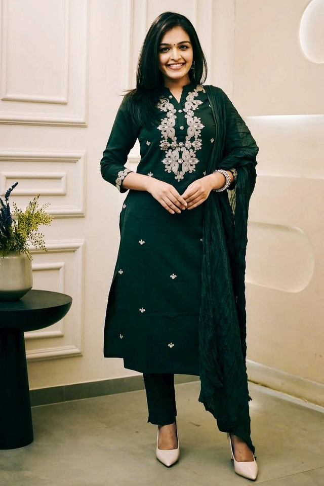 Green Floral Embroidered Cotton Straight Cut Suits