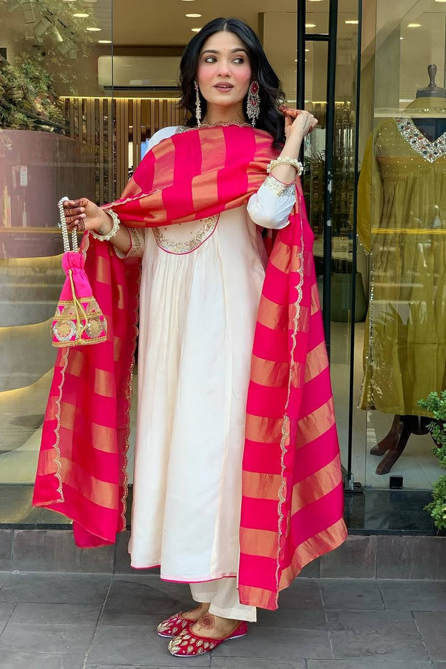 Cream Sequin Cotton Anarkali Suits