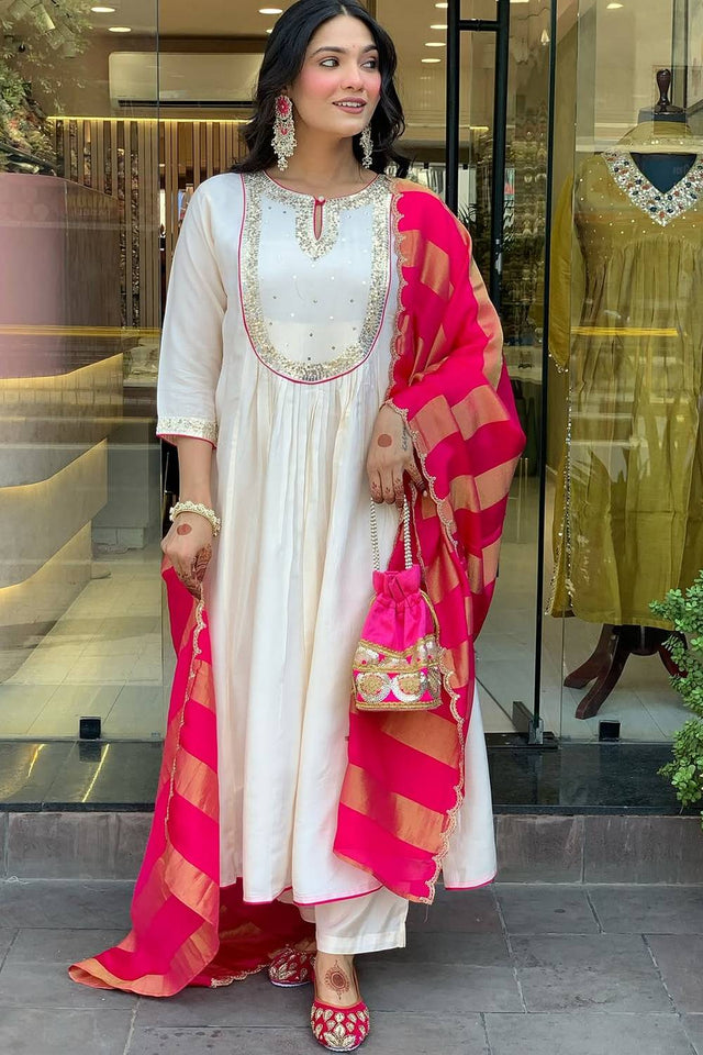 Cream Sequin Cotton Anarkali Suits