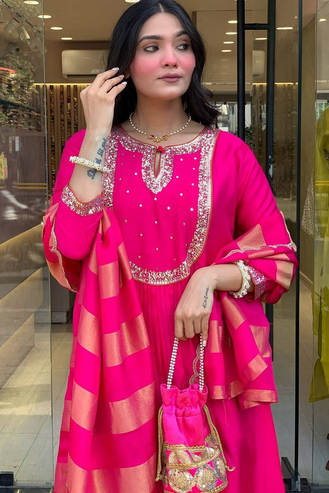 Pink Sequin Cotton Anarkali Suits