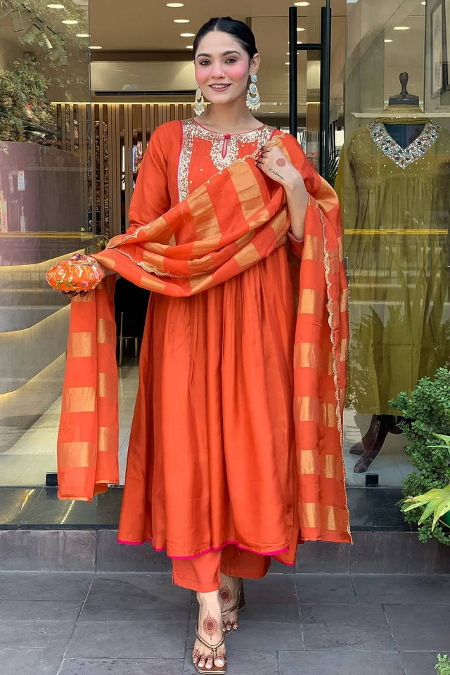 Rust Sequin Cotton Anarkali Suits