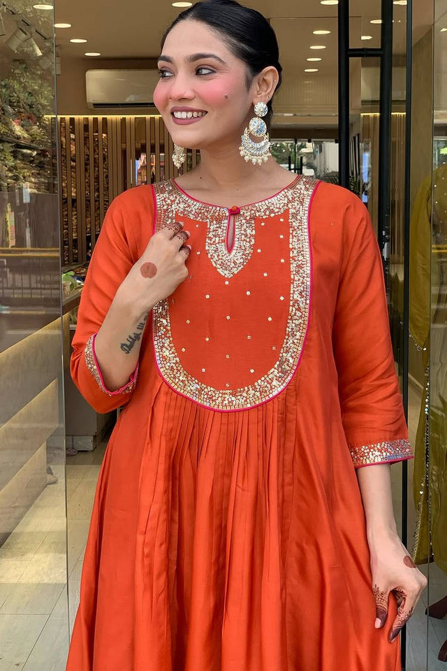 Rust Sequin Cotton Anarkali Suits