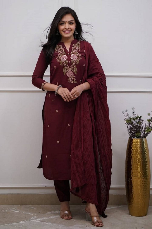 Maroon Floral Embroidered Cotton Straight Cut Suits