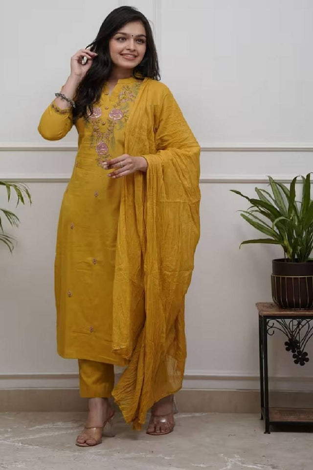 Mustard Floral Embroidered Cotton Straight Cut Suits