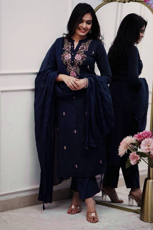 Navy Blue Floral Embroidered Cotton Straight Cut Suits