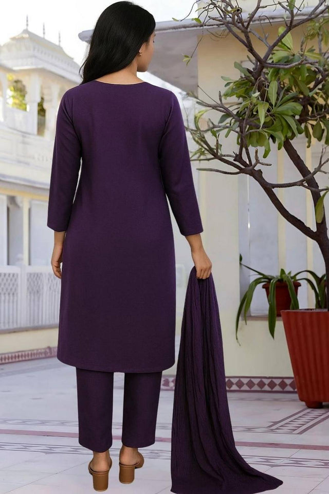 Wine Floral Embroidered Cotton Straight Cut Suits