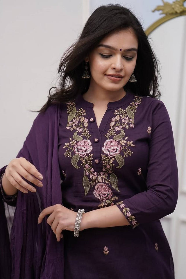 Wine Floral Embroidered Cotton Straight Cut Suits