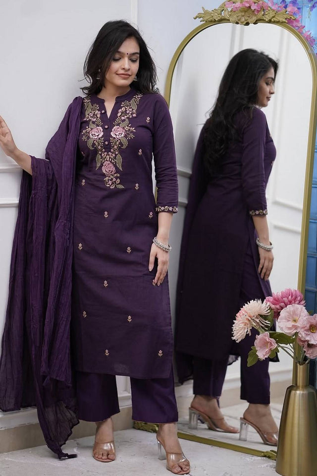 Wine Floral Embroidered Cotton Straight Cut Suits