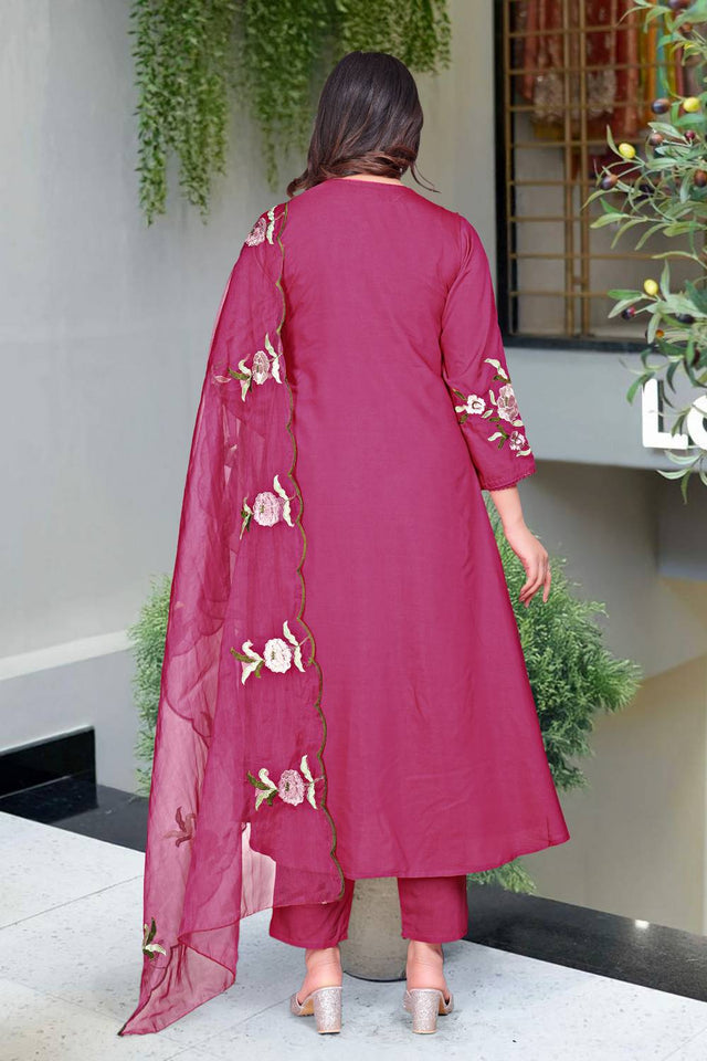 Pink Floral Embroidered Chanderi Anarkali Suits
