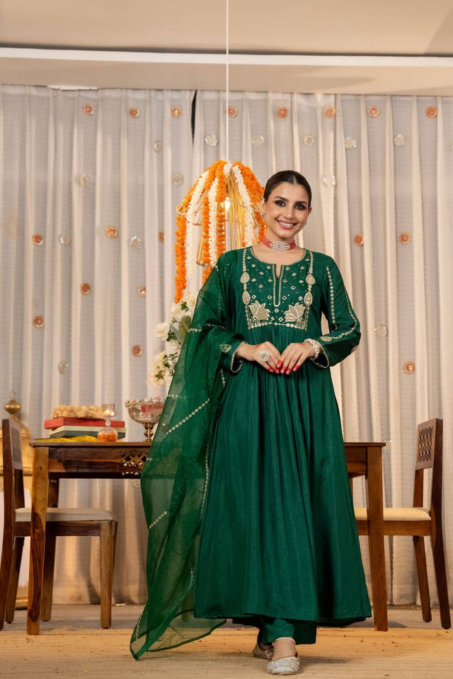 Green Sequin with Embroidered Chanderi Anarkali Suits