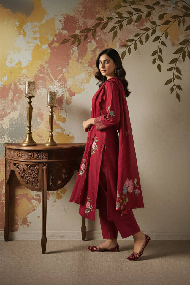 Maroon Floral Embroidered Chanderi Straight Cut Suits