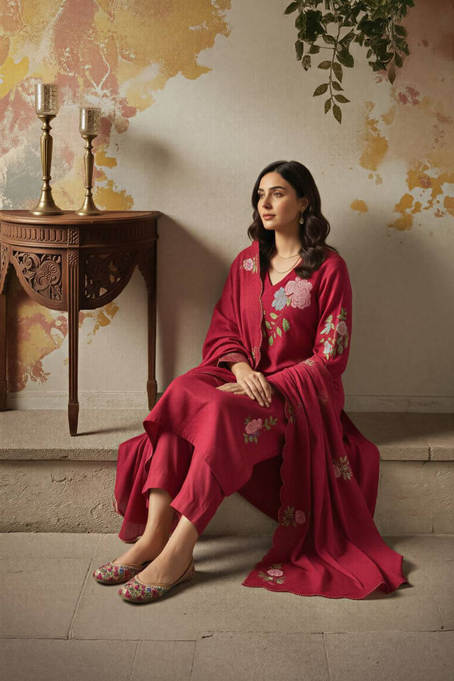 Maroon Floral Embroidered Chanderi Straight Cut Suits