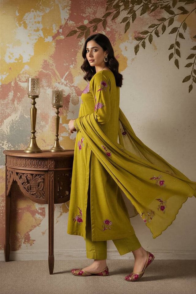 Green Floral Embroidered Chanderi Straight Cut Suits