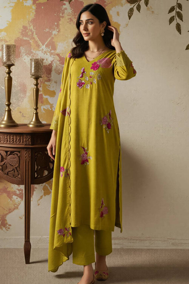 Green Floral Embroidered Chanderi Straight Cut Suits