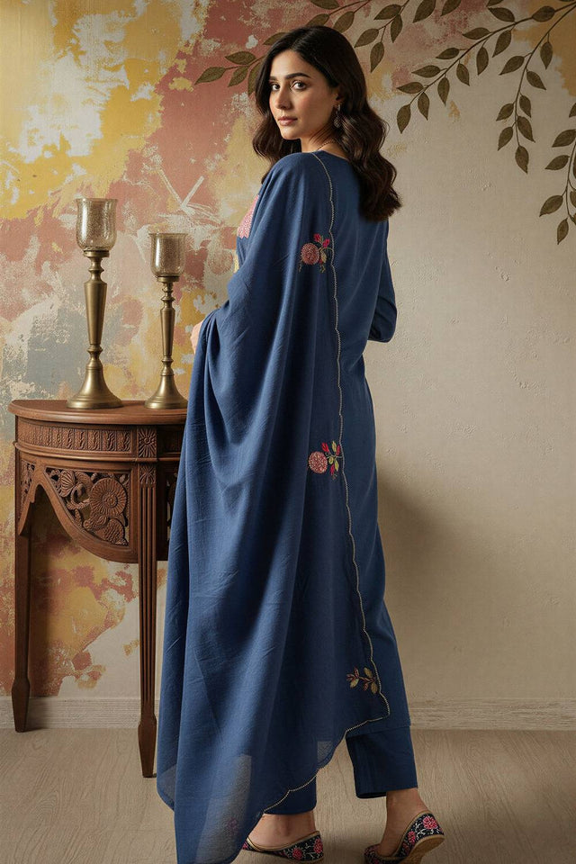 Blue Floral Embroidered Chanderi Straight Cut Suits