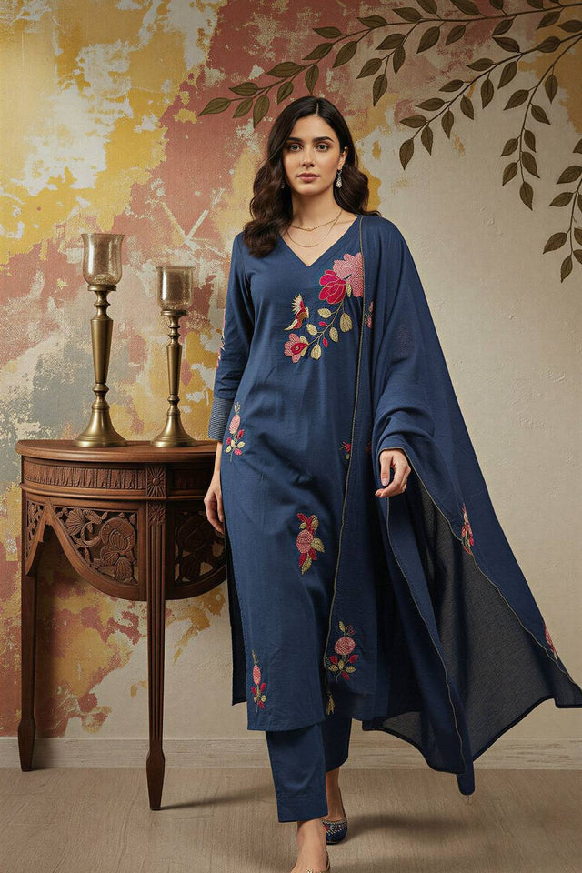 Blue Floral Embroidered Chanderi Straight Cut Suits