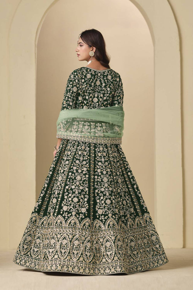 Green Floral Embroidered Velvet Gown