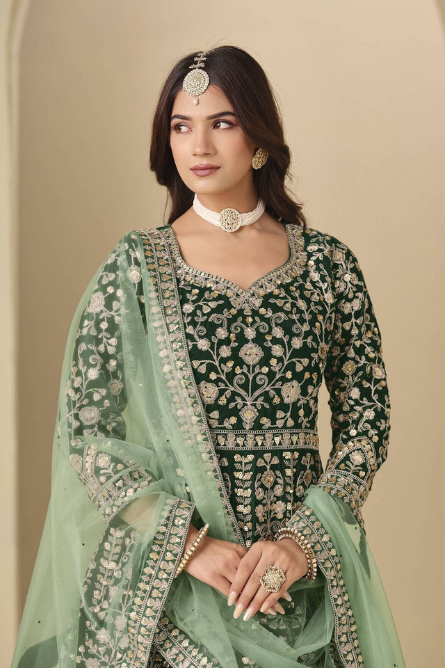 Green Floral Embroidered Velvet Gown