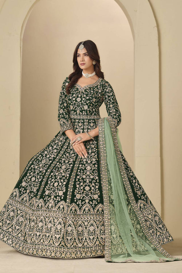 Green Floral Embroidered Velvet Gown