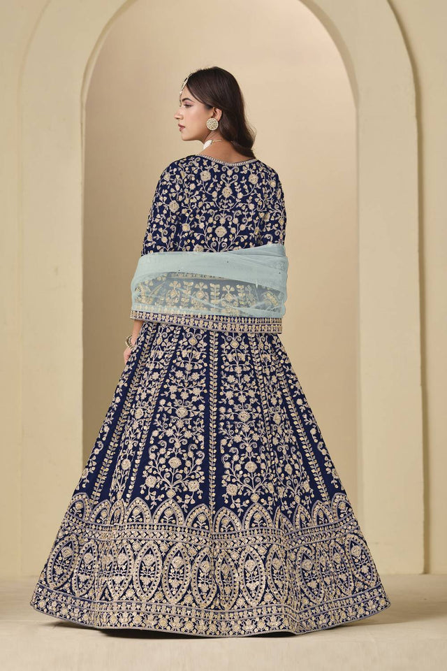 Blue Floral Embroidered Velvet Gown