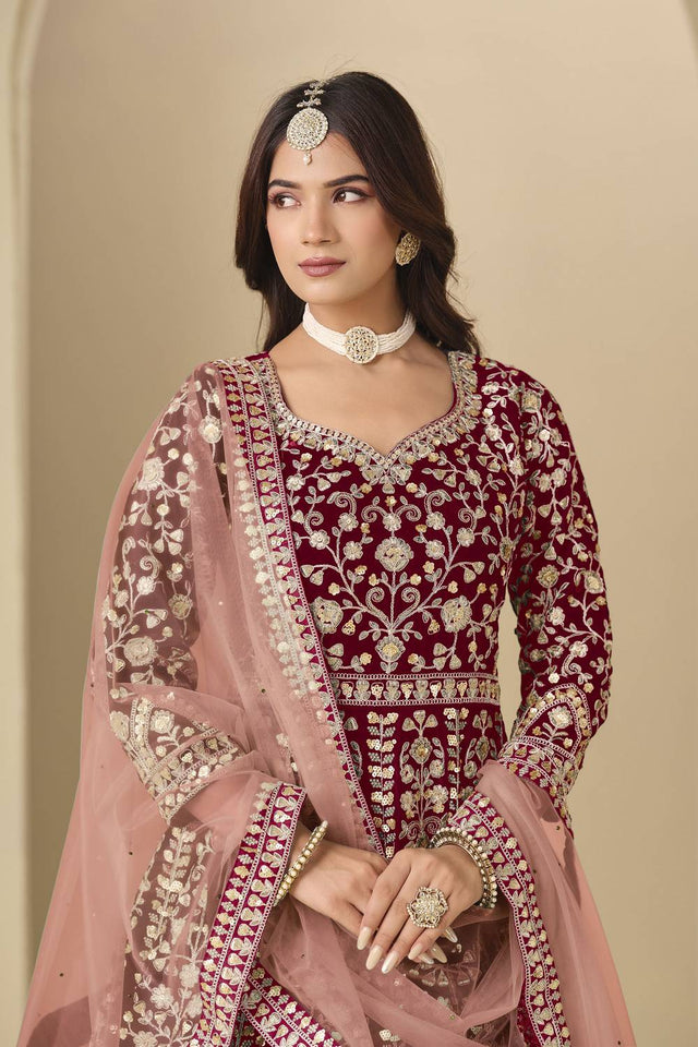 Maroon Floral Embroidered Velvet Gown