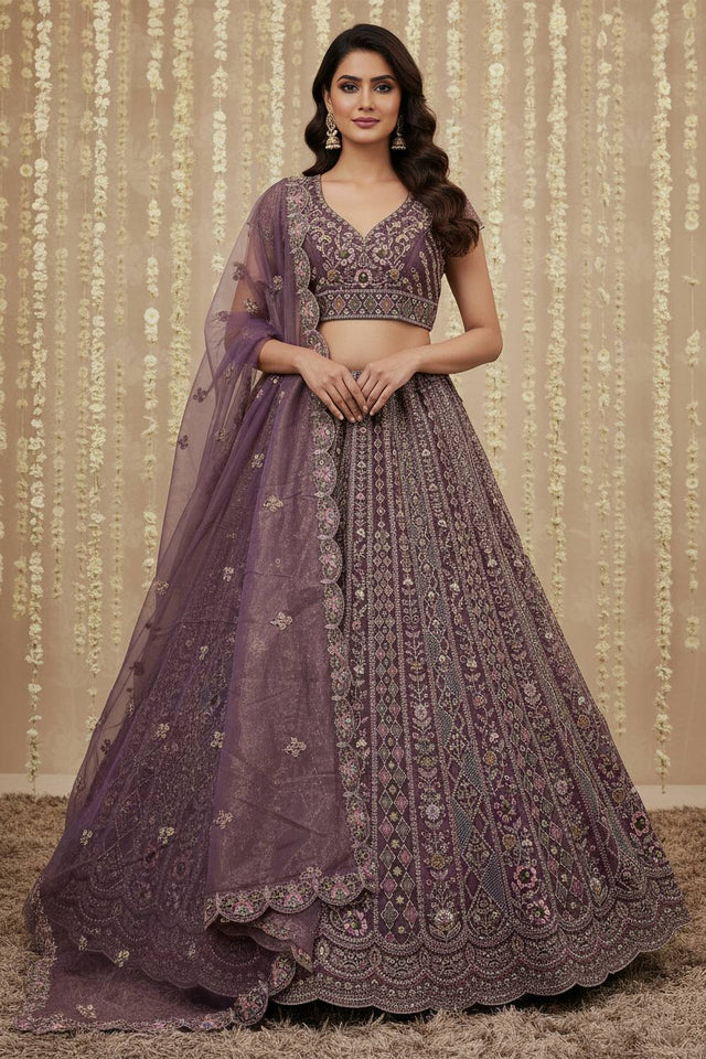 Purple Sequin with Embroidered Net Lehenga