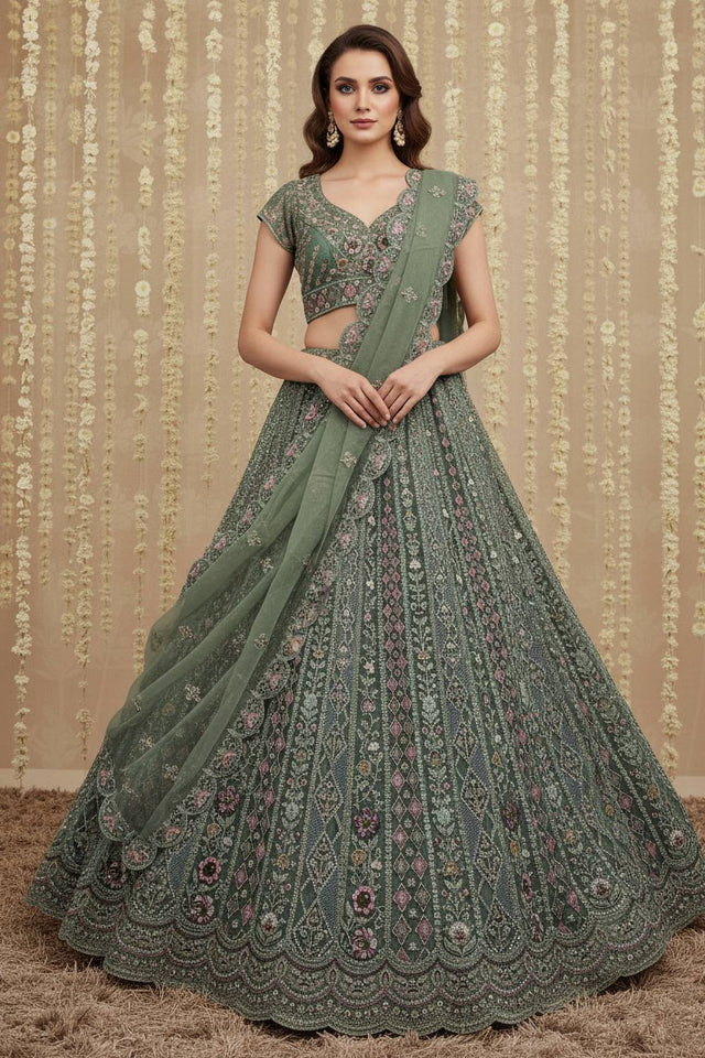 Green Sequin with Embroidered Net Lehenga