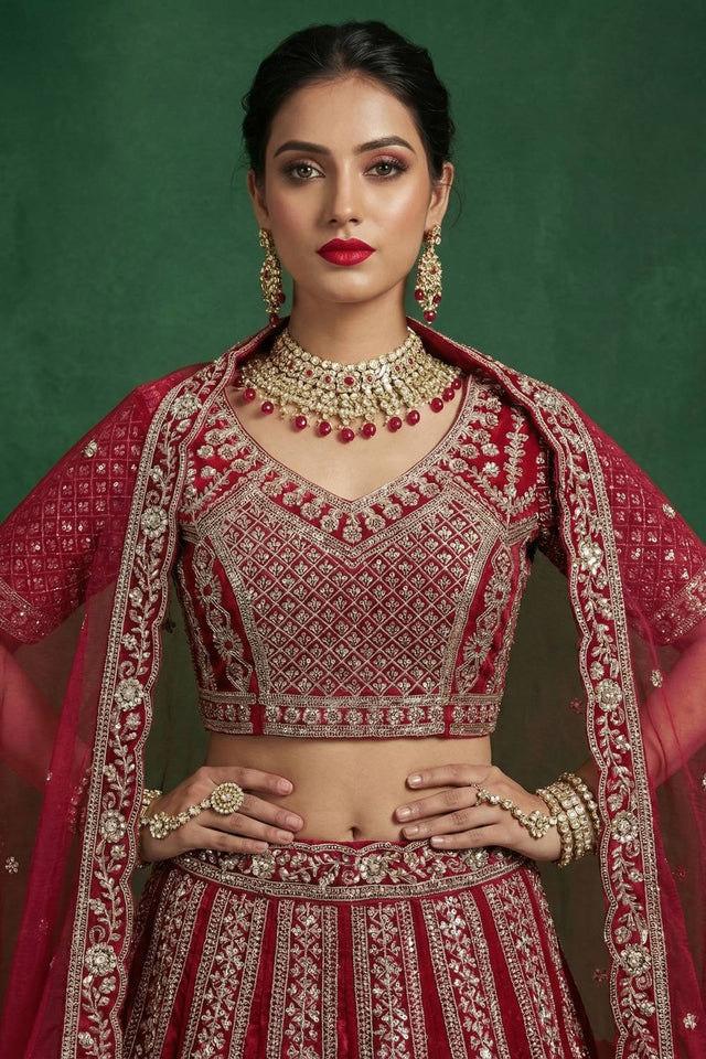 Red Sequin with Embroidered Satin Lehenga