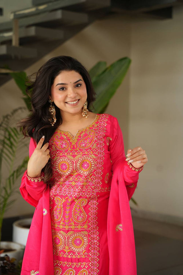 Orange Sequin with Embroidered Chinon Straight Cut Suits