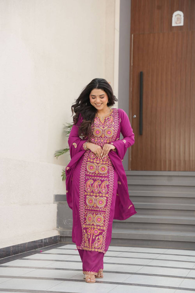 Magenta Sequin with Embroidered Chinon Straight Cut Suits