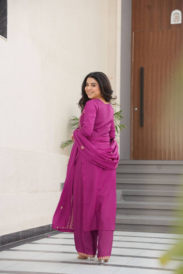 Magenta Sequin with Embroidered Chinon Straight Cut Suits