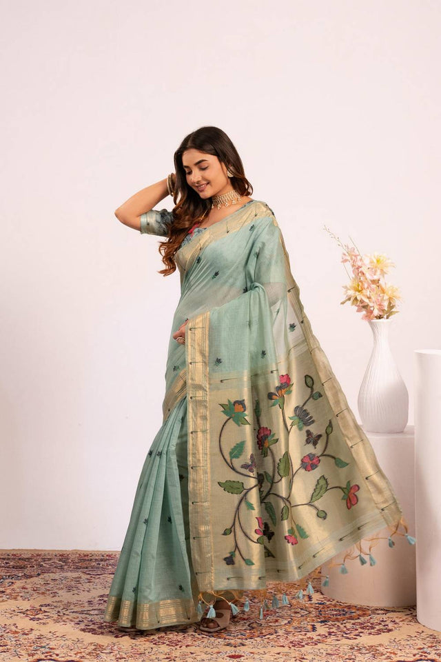 Turquoise Woven Cotton Saree