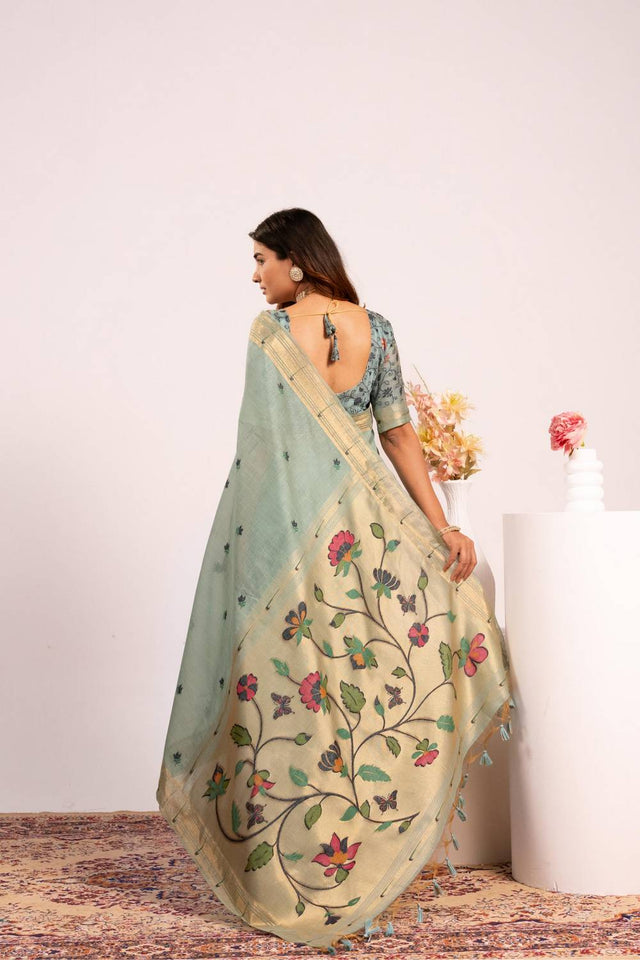 Turquoise Woven Cotton Saree