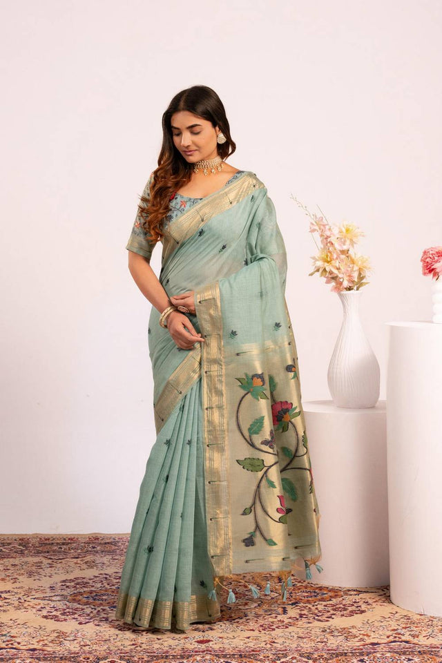 Turquoise Woven Cotton Saree