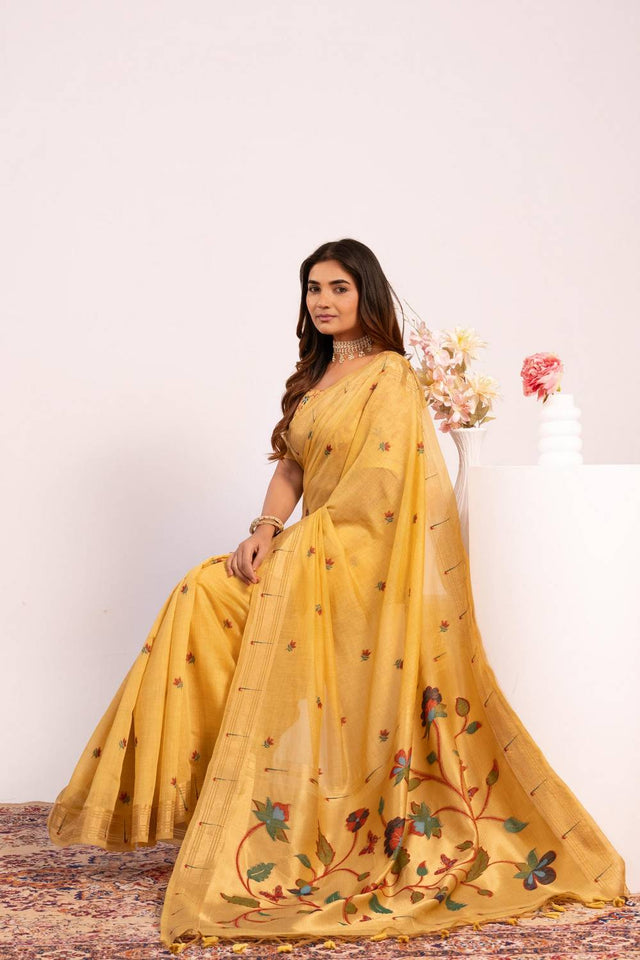 Yellow Woven Cotton Saree