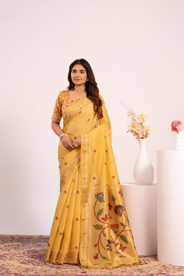 Yellow Woven Cotton Saree