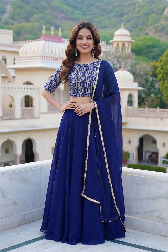 Blue Solid Georgette Lehenga