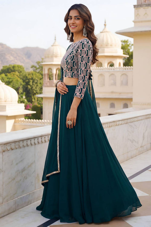 Green Solid Georgette Lehenga