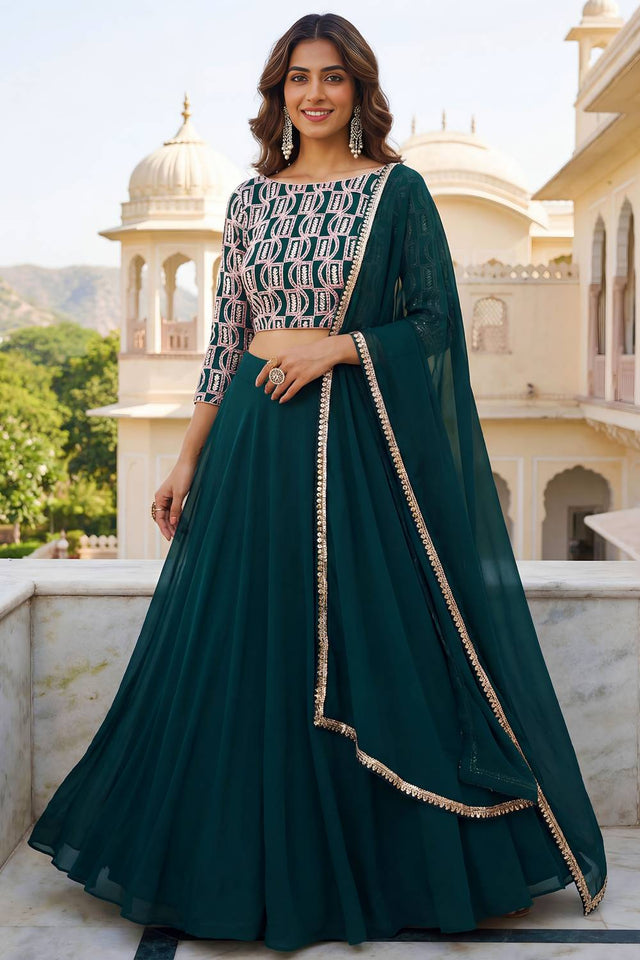 Green Solid Georgette Lehenga